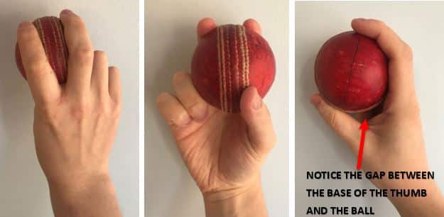 Photos showing the basic fast bowling grip