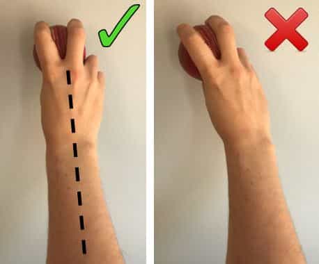Correct wrist position for fast bowlers on the left, wrong position on the right