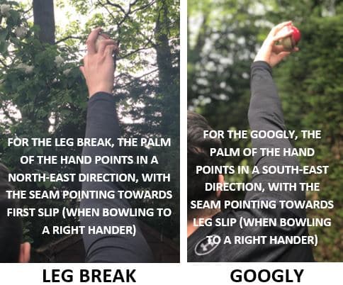 Photo comparing the actions required to bowl the leg break and the googly