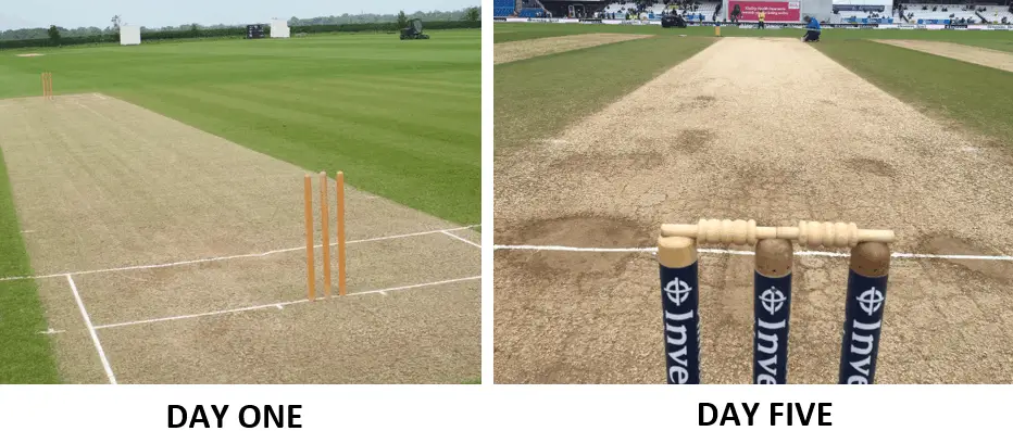 pictures showing a new cricket pitch and an old, worn cricket pitch